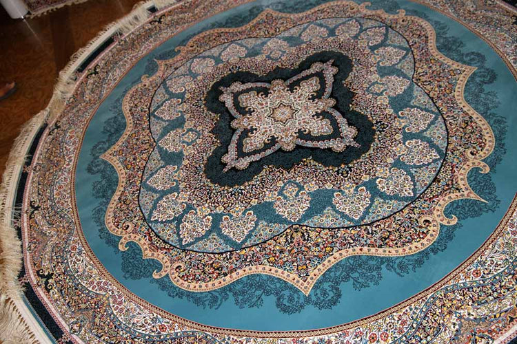 最高級機械織りペルシャカーペット丸い形ブルー990085L,サイズ:200x200 cm(フサを含まず)