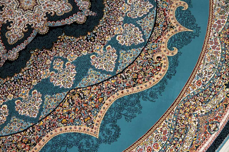 最高級機械織りペルシャカーペット丸い形ブルー990085L,サイズ:200x200 cm(フサを含まず)