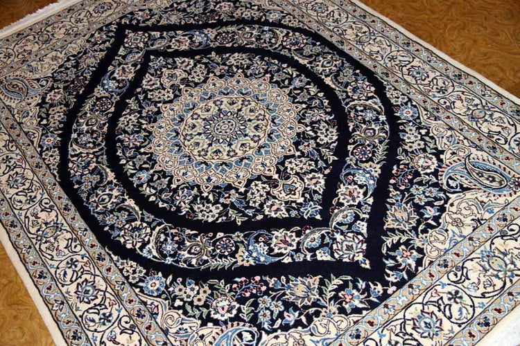 ペルシャ絨毯ナイン、シックな紺の色彩ラグサイズ530808,サイズ:200x150 CM