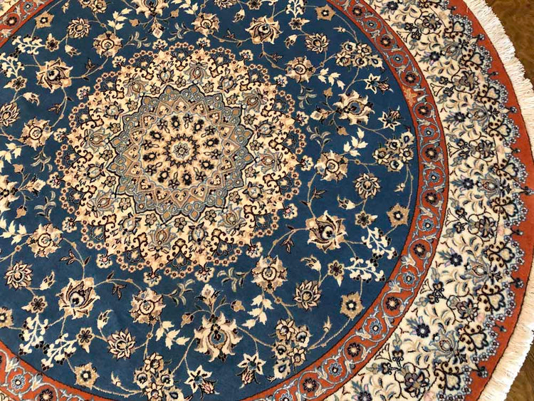 丸いセンターラグペルシャ絨毯、円形のブルー色ナイン産1810156 サイズ:円形 直径166x166CM