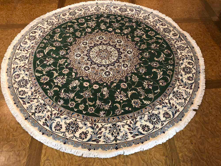 円形のじゅうたん、手織りペルシャ絨毯の丸グリーン188480、サイズ:円形 直径203x203 CM