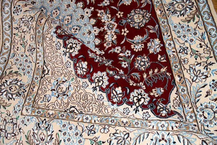 手織りイラン製リビングラグ、ペルシャ絨毯ナイン赤色21151、サイズ:234x145 cm