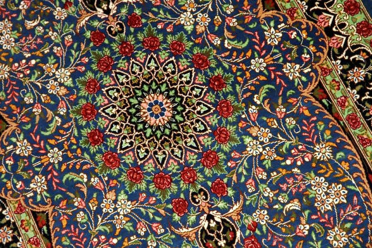 シルクのペルシャ絨毯玄関マットブルー色56041、イラン輸入、サイズ: 98x60 CM