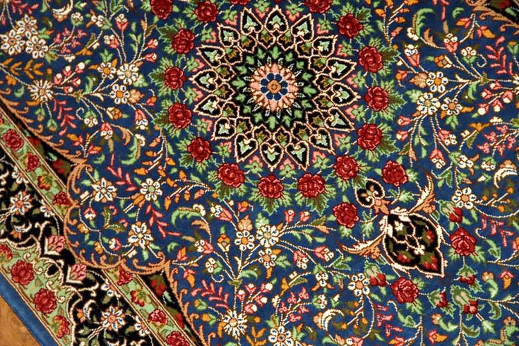 シルクのペルシャ絨毯玄関マットブルー色56041、イラン輸入、サイズ: 98x60 CM