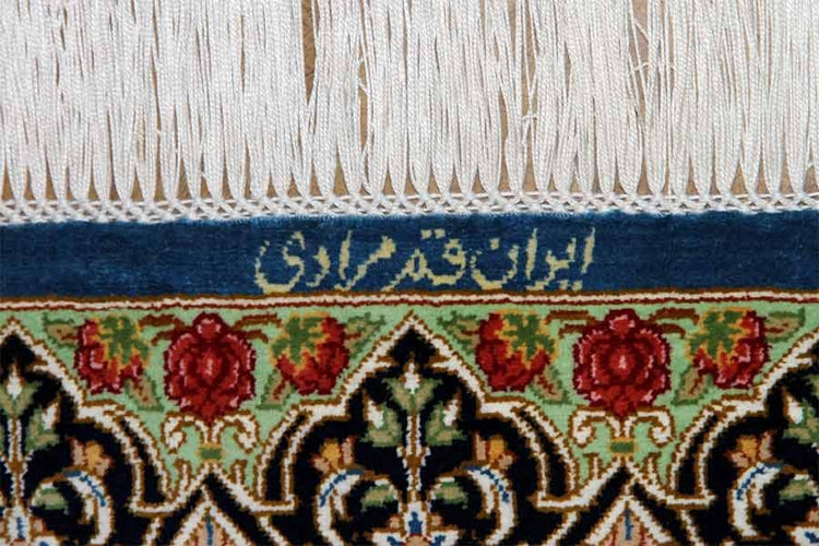 シルクのペルシャ絨毯玄関マットブルー色56041、イラン輸入、サイズ: 98x60 CM