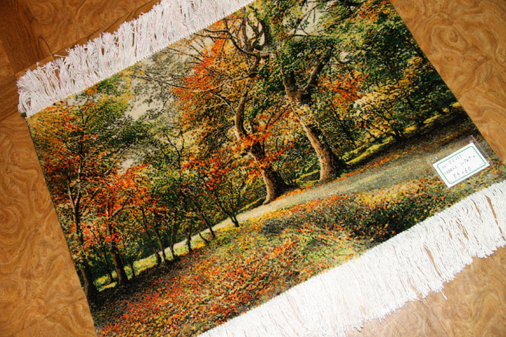 オータムの風景でペルシャ手織り絨毯50111、景色絨毯、風景絨毯、サイズ:84x60cm(フサ含まず)
