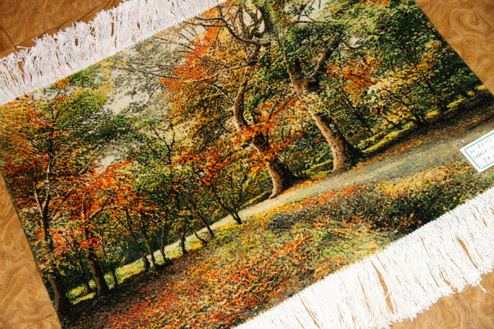 オータムの風景でペルシャ手織り絨毯50111、景色絨毯、風景絨毯、サイズ:84x60cm(フサ含まず)