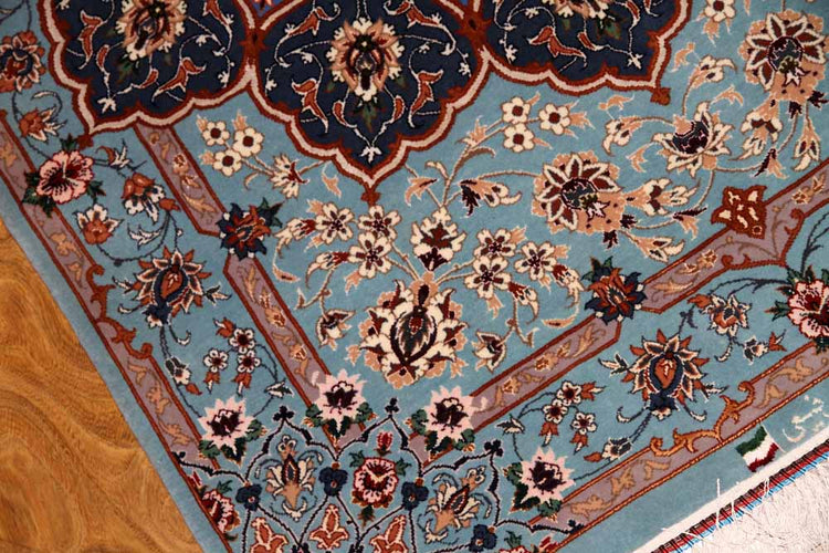 最高級手織りペルシャ絨毯イスファハン玄関マットブルー2443781、サイズ:126x86cm(フサ含まず)
