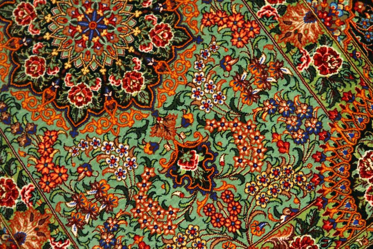 最高級手織りペルシャ絨毯クムシルク玄関マット75117、サイズ: 90x60 CM