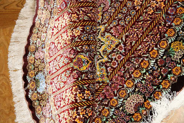 楕円形シルク手織りペルシャ絨毯、クム産モハラマトデザイン60031、サイズ:119x76 CM