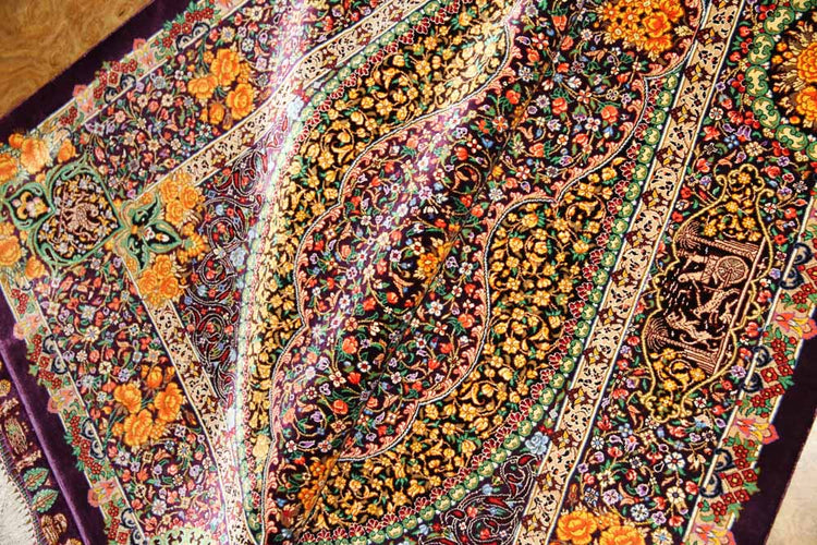 最高級手織りセンターラグ、クムシルクのペルシャ絨毯60022,サイズ:146x100 CM (フサ含まず))