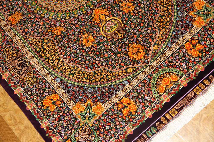 最高級手織りセンターラグ、クムシルクのペルシャ絨毯60022,サイズ:146x100 CM (フサ含まず))