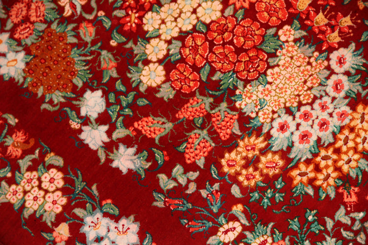 赤い花の絨毯手織りシルクのペルシャ絨毯、春の絨毯、red silk carpet50025、サイズ:89x57