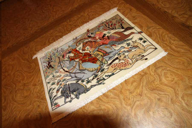 ペルシャ絨毯シルクハンティングデザイン50003、サイズ:57x40cm