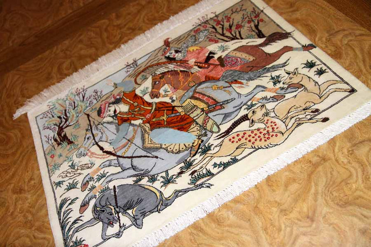 ペルシャ絨毯シルクハンティングデザイン50003、サイズ:57x40cm