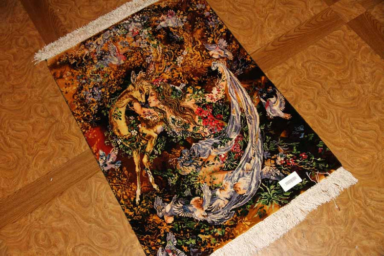 ペルシャ絨毯のタブリーズ珍しいピクチャー模様55355、サイズ:97x68cm(フサ含まず)