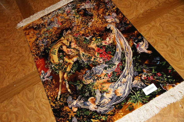 ペルシャ絨毯のタブリーズ珍しいピクチャー模様55355、サイズ:97x68cm(フサ含まず)