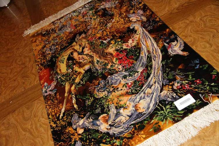 ペルシャ絨毯のタブリーズ珍しいピクチャー模様55355、サイズ:97x68cm(フサ含まず)