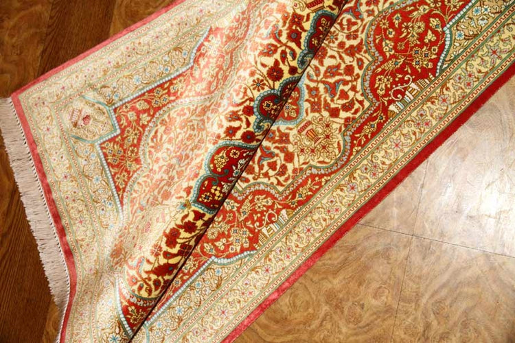 暖かい色合いのシルク玄関マットペルシャ絨毯56016、サイズ: 93x58、サイズ: 93x58