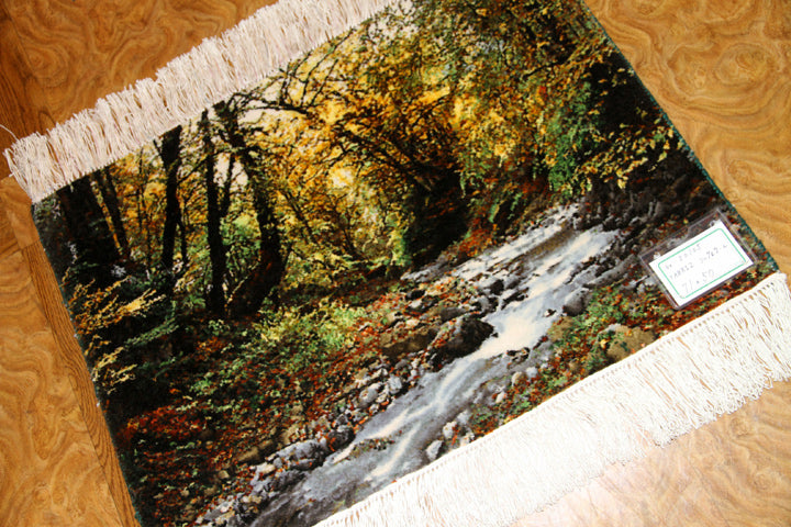 川の風景のピクチャー模様手織りペルシャ絨毯50105、carpet picure design、サイズ:71x50cm(フサ含まず)