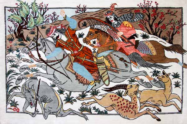 小さいハンティングデザインペルシャ絨毯手織り49008、サイズ：58x39ｃｍ
