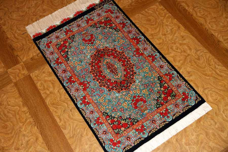 鮮やかなブルー色の玄関マットシルクペルシャ56039、サイズ： 94x58 CM 、blue silk carpet
