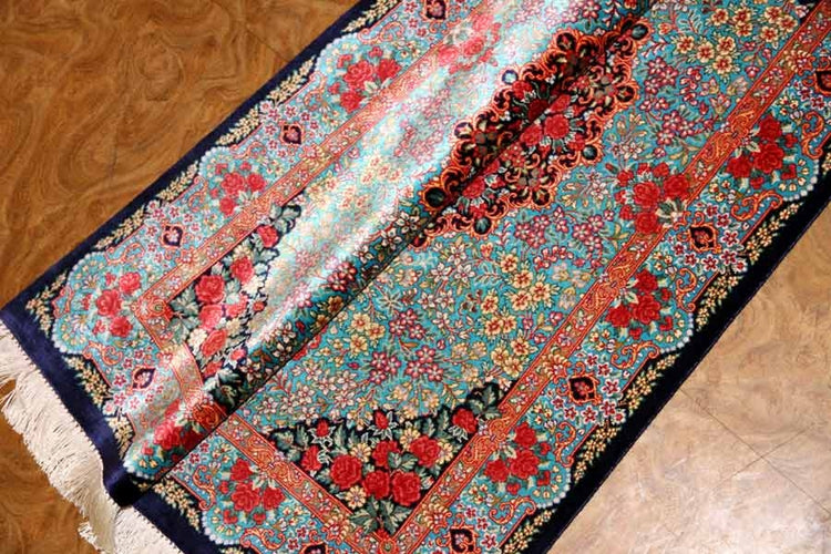 鮮やかなブルー色の玄関マットシルクペルシャ56039、サイズ： 94x58 CM 、blue silk carpet