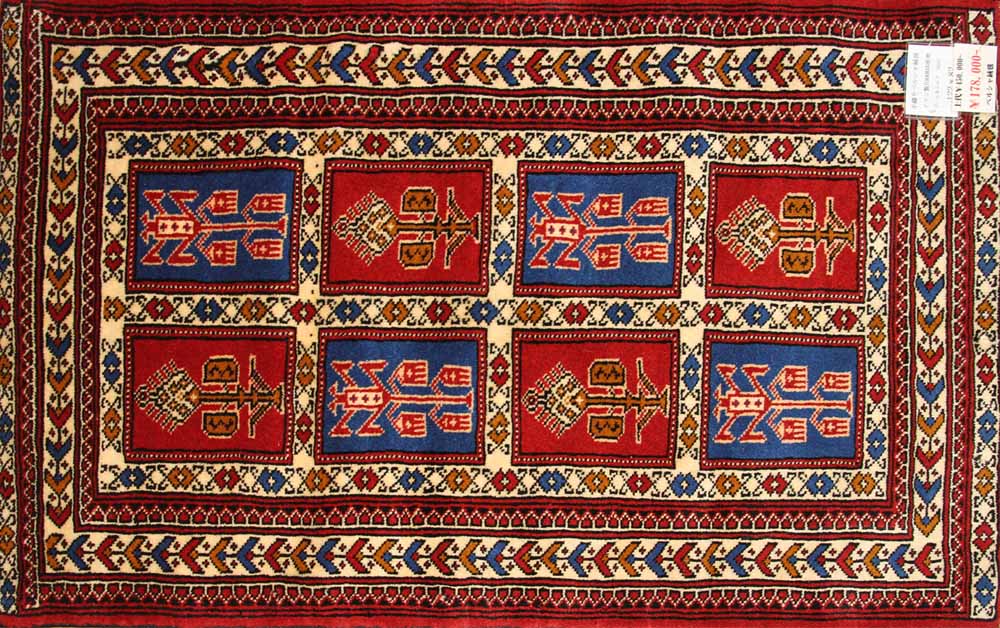 手織りペルシャ絨毯トルケマン産ウール玄関マット58557、サイズ：122x82ｃｍ（フサ含まず)