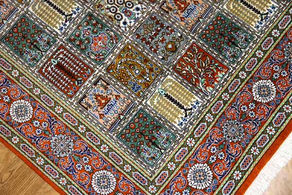 ヘシティーデザイン和風シルクペルシャ絨毯、クム産地イラン輸入49080、サイズ：150x100 CM（フサ含まず）
