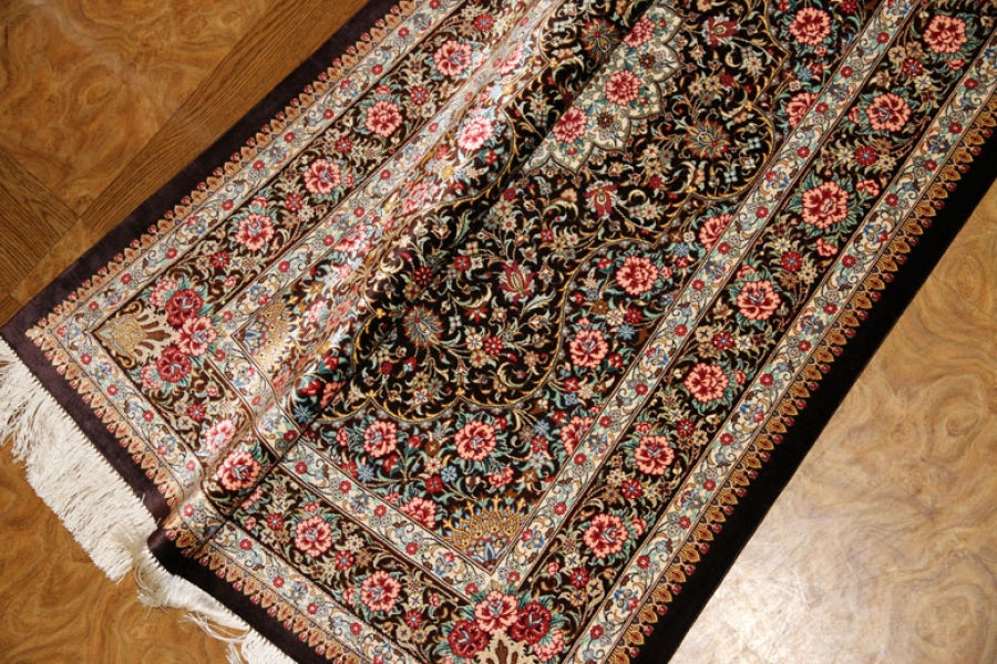 暖かい色彩の玄関マット手織りペルシャ絨毯クム産56052、サイズ：121x80
