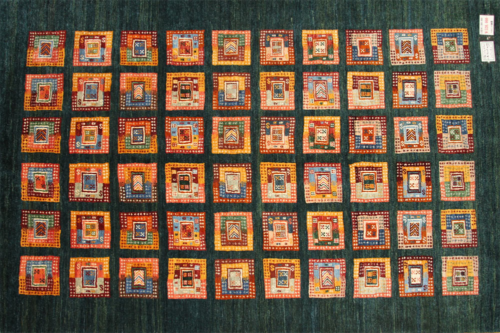 高級オリジナルイラン製ギャッベ、おしゃれチェス模様18841、サイズ：207x142 CM(フサ含まず）