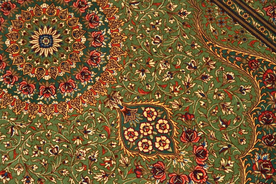 高級手作りペルシャ絨毯クムシルクグリーン57008、green carpet silk、サイズ：121x76 CM