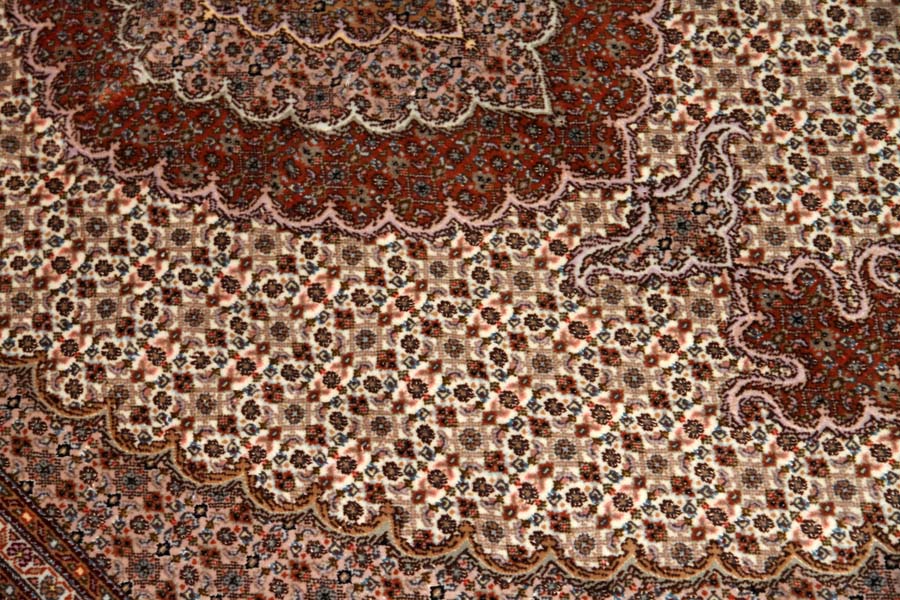 高級ペルシャ手織りタブリーズ産マヒデザイン57055、サイズ：203x155ｃｍ（フサ含まず）