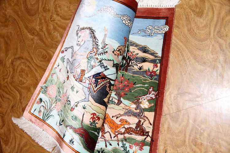 クムシルクのハンティングデザインペルシャ絨毯50013、サイズ：58x40 CM