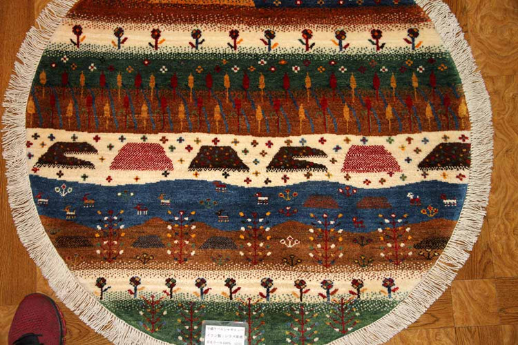 オリジナルペルシャギャッベ円形、丸のギャッベ42541、サイズ：97x97ｃｍ