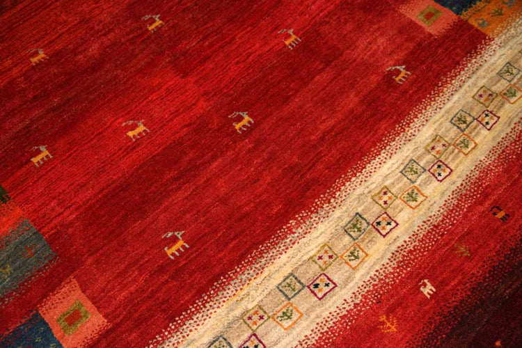 高品質イラン製赤いギャッベ手織りペルシャリビングギャッベ192197、サイズ：245x175 CM (フサ含まず）