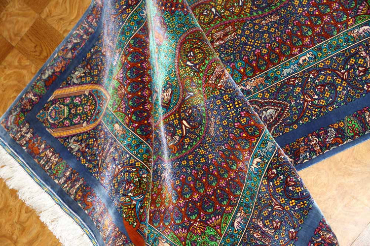 トップクラス手織りシルクペルシャ絨毯有名工房センターラグ60019、サイズ：153x103 CM (フサ含まず)