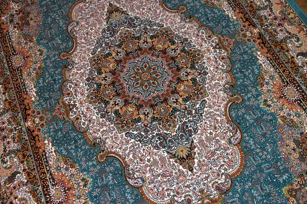 最高級機械織りペルシャカーペットラグブルー990075B,サイズ：225x150 CM （フサを含まず）