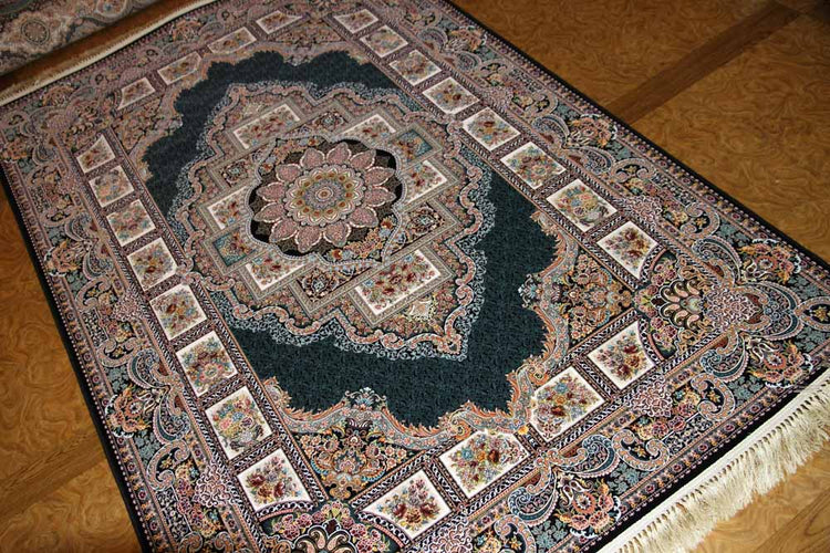 最高級機械織りペルシャカーペットメダリオン紺色990077D,サイズ：225x150 CM （フサを含まず）