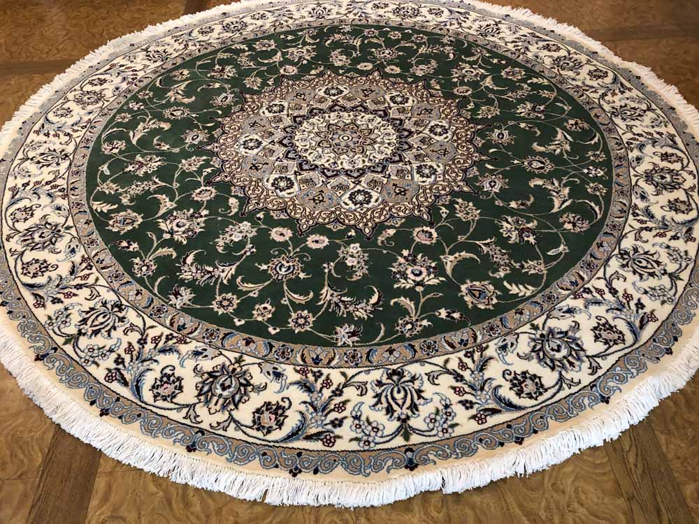 円形のじゅうたん、手織りペルシャ絨毯の丸グリーン188480、サイズ：円形　直径203x203 CM