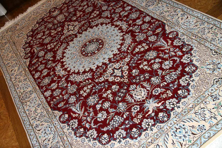 手織りイラン製リビングラグ、ペルシャ絨毯ナイン赤色21151、サイズ：234ｘ145 cm
