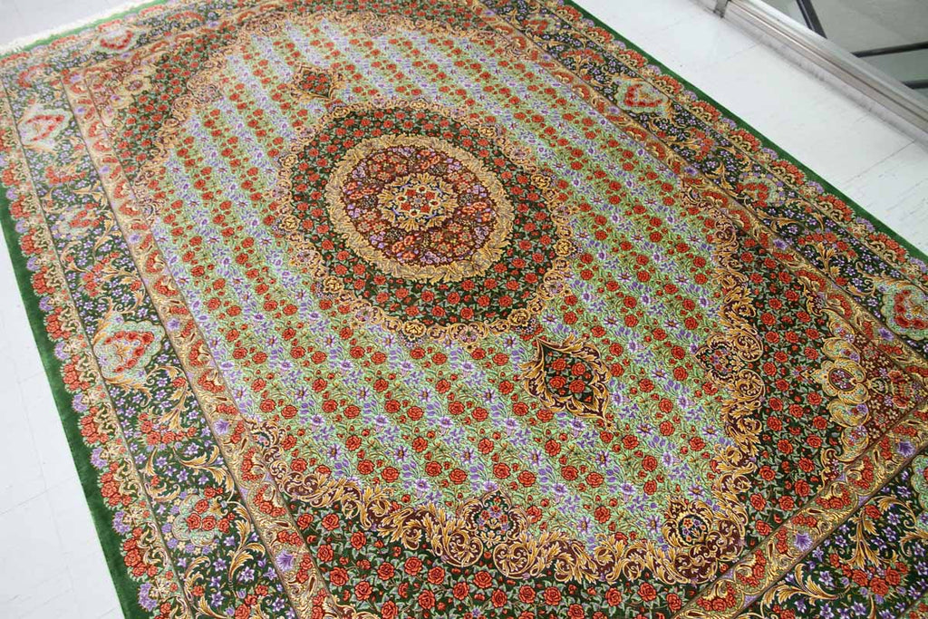 最高級手織りシルクリビングペルシャ絨毯6平米555601、絹じゅうたん,サイズ：300ｘ200　CM　(フサ含まず）