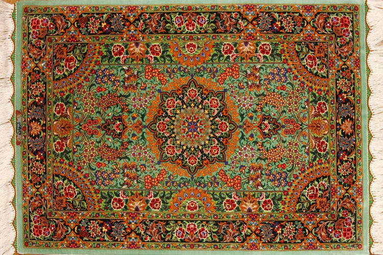最高級手織りペルシャ絨毯クムシルク玄関マット75117、サイズ： 90x60 CM