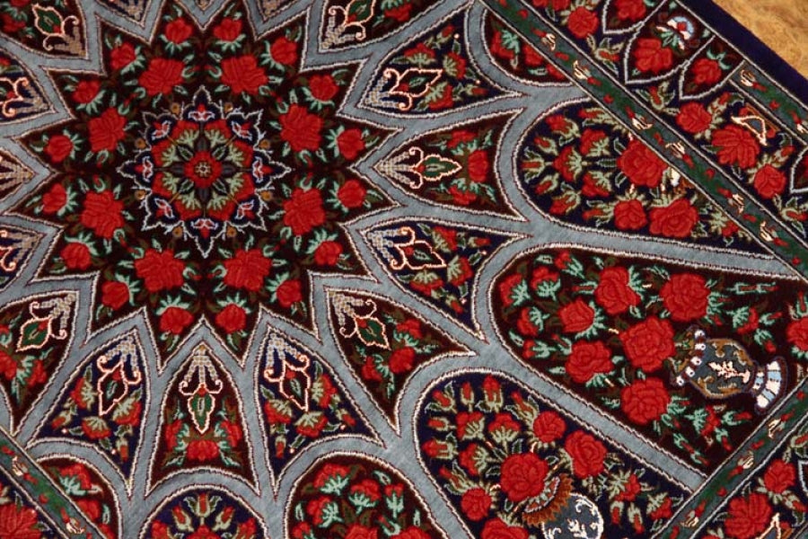 珍しいデザインの玄関マットシルクペルシャ絨毯56042、工房：RAHIMI、サイズ： 91x60 CM