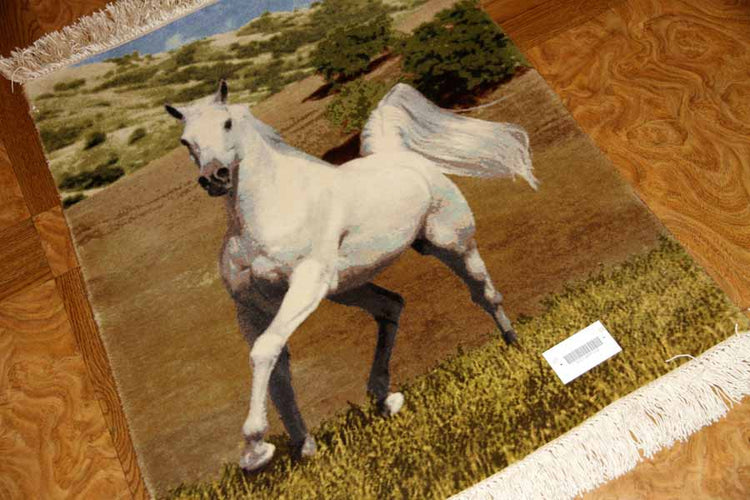 白馬絨毯、ペルシャ絨毯タブリーズピクチャー模様55357、サイズ：75x59 CM