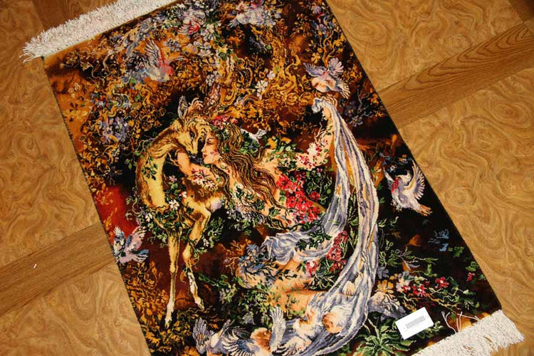 ペルシャ絨毯のタブリーズ珍しいピクチャー模様55355、サイズ：97x68ｃｍ（フサ含まず）
