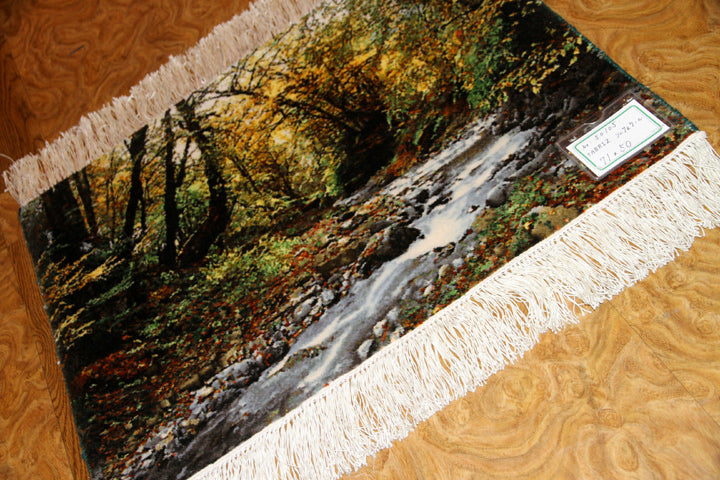 川の風景のピクチャー模様手織りペルシャ絨毯50105、carpet picure design、サイズ：71x50ｃｍ（フサ含まず）