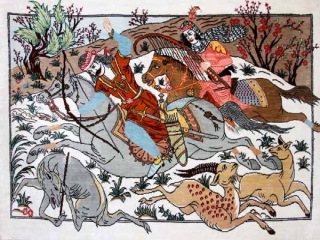 小さいハンティングデザインペルシャ絨毯49008