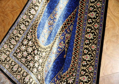 クムシルク手織りペルシャ絨毯ブルー色玄関マット146995