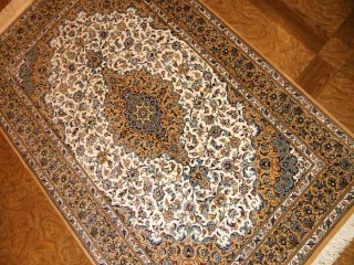 伝統的なメダリオンデザイン、カシャーンシルクペルシャ絨毯49085